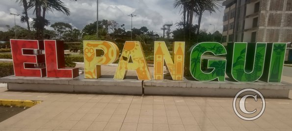 El Pangui city name sign across from the bus station